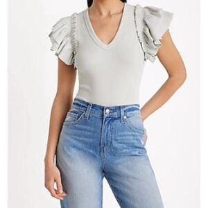 Express Ribbed Bodysuit Medium Mint‎ Green Knit Ruffle Cap Sleeve V Neck Top